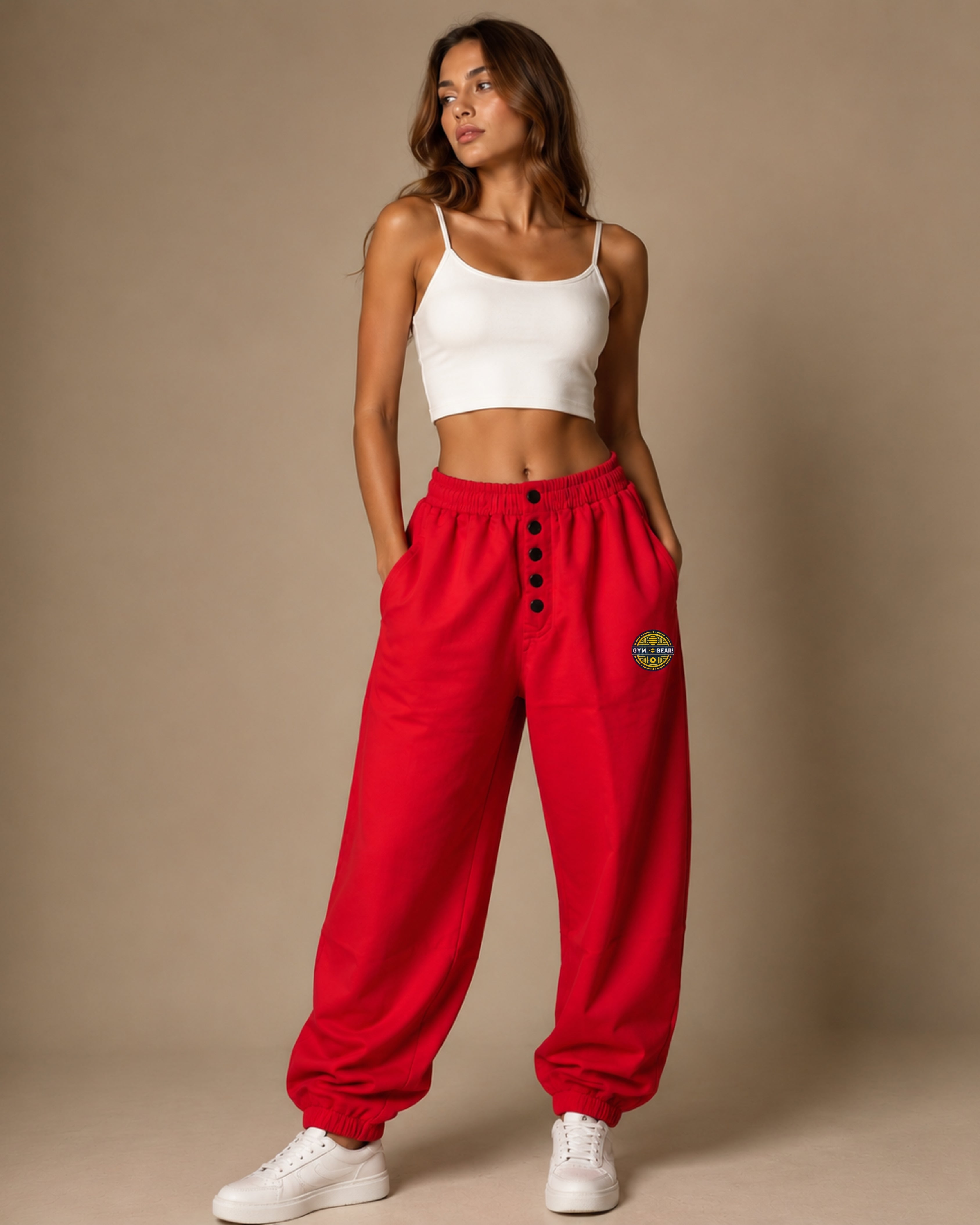 Button Joggers Red